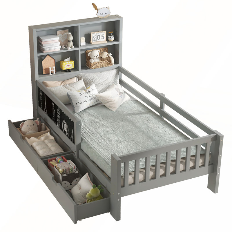 Lit plateforme simple avec tableau noir, bois massif, tiroirs de rangement, tablettes, amusement enfantin et conception peu encombrante
