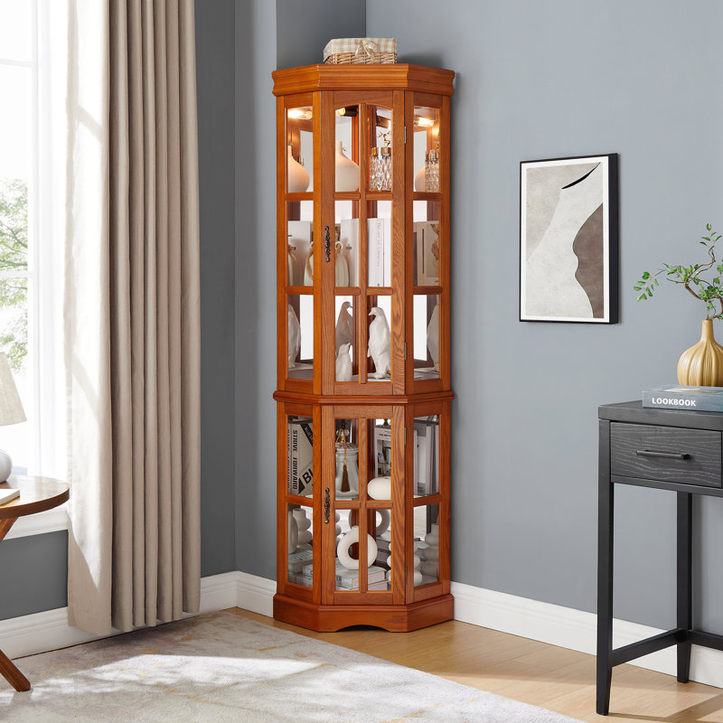 Vitrine d'angle avec 5 tablettes et système d'éclairage, chêne (ampoule E26 non incluse)