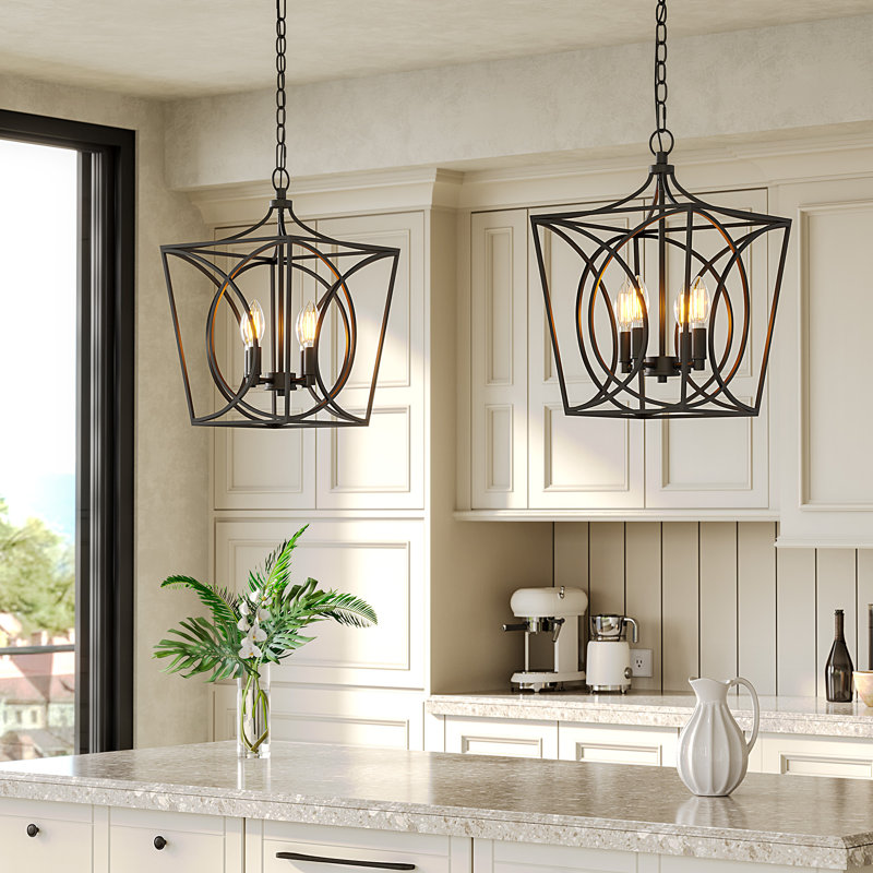 Luminaire suspendu géométrique moderne avec chaîne réglable de 60 po, lustre cage, Noir mat