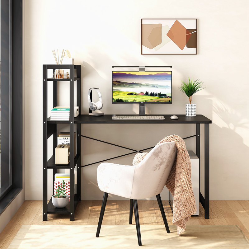 Bureau d'ordinateur, bibliothèque, table de bureau intégrée, table de chambre à coucher, cadre en acier, bureau d'écriture, bureau d'ordinateur avec tablettes de rangement à 4 niveaux 