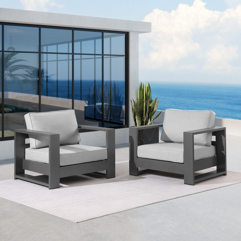 Hoyt 37.40” Outdoor Aluminum Armchair Set (Set of 2), Silver Gray, Light Gray