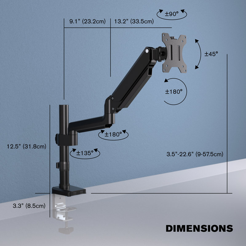 ProMounts Full Motion Gas Spring Monitor Arm Adjustable Desktop Mount for 13-32" Holds 17.6 lbs
