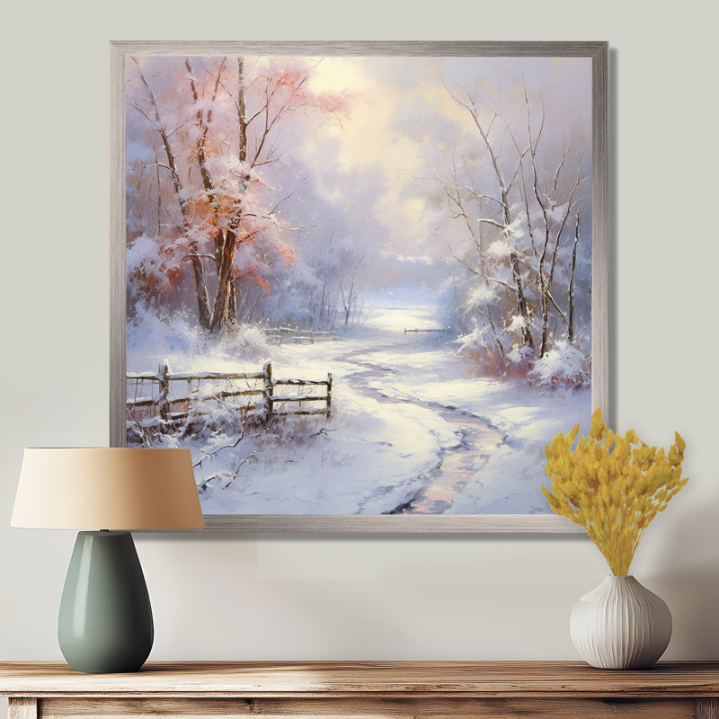Winter's Silente River - Neige, art mural, H 24 po x l 24 po x P 1 po, Cadre simple argenté