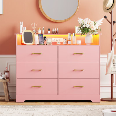 6 Drawer Dresser for Bedroom - 37” Tall Chest of Drawers with LED Light and Charging Station, Modern Organizer Cabinet with Open Shelf Table for Living Room, Entryway, Hallway,Pink