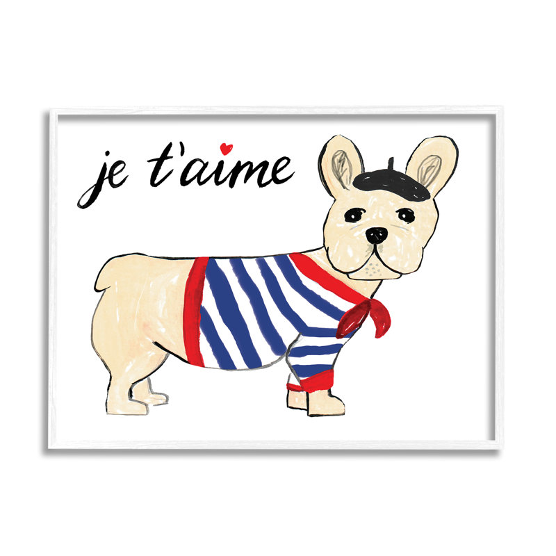 «Je T'aime», chien français portant un béret par Heather Strianese - peinture, H 24 po x l 30 po x P 1,5 po