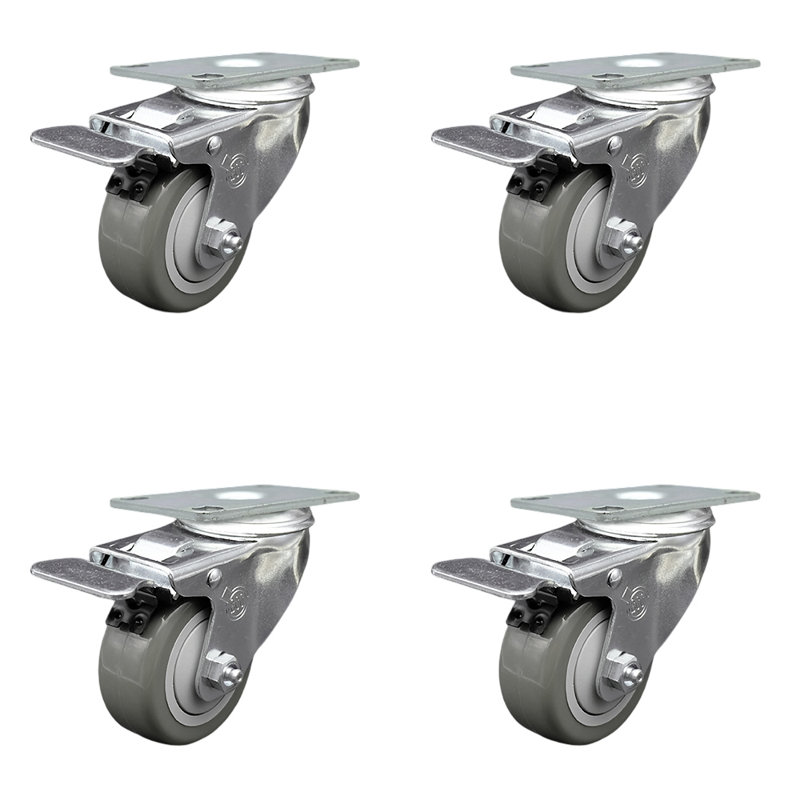 3.5 Inch SS Gray Polyurethane Top Plate Caster Set Total Lock Brake SCC