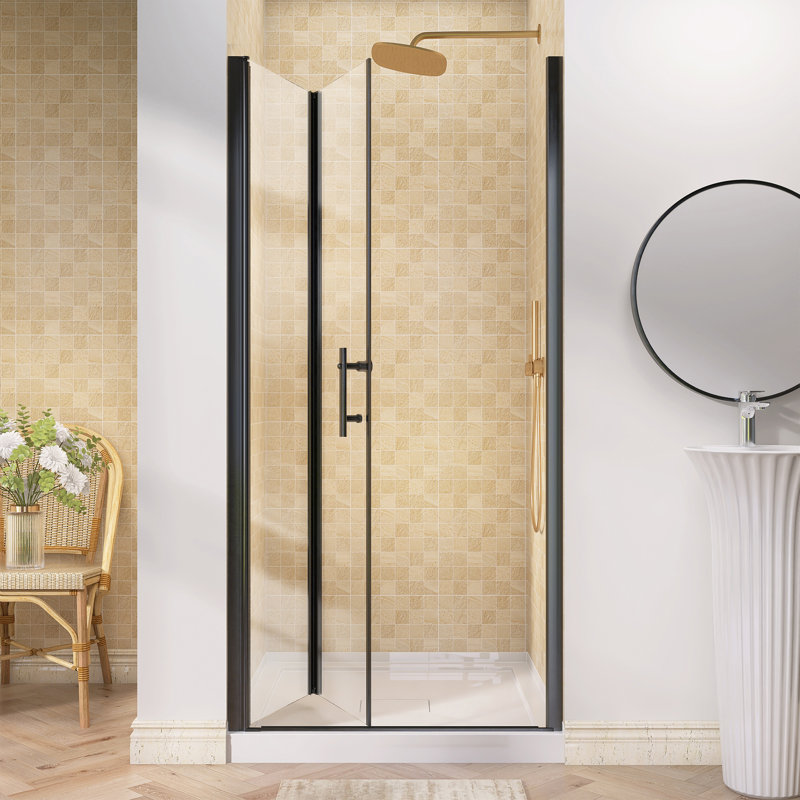 34" W X 72" H Frameless  Bifold Pivot Swing Glass Shower Door With Tempered Glass Panel, Matte Black