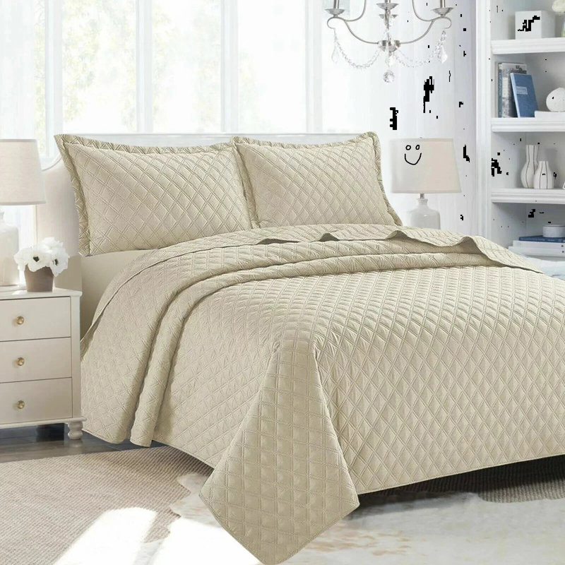 Microfiber Bedspread with Pillow Shams Included, Double Bedspread + 2 Standard Shams, Beige