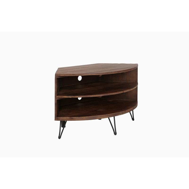Fan Shape Reclaimed Wood Corner Media Table for Living Room Wise Use Your Space