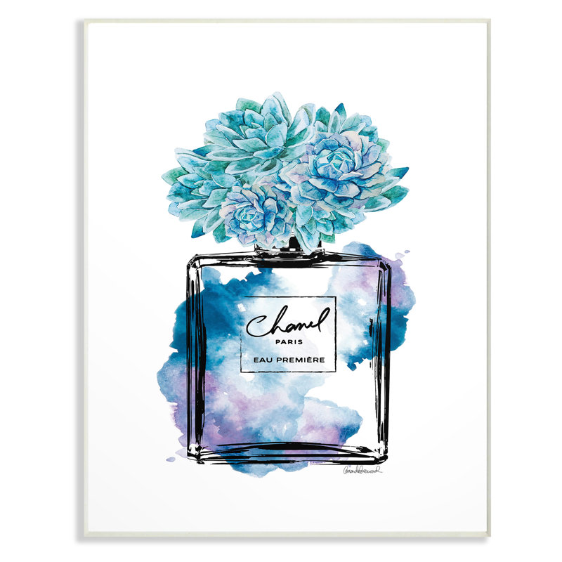 « parfum bouteille with blue florals », impression, Plaque murale, H 18,5 po x l 12,5 po x P 0,5 po