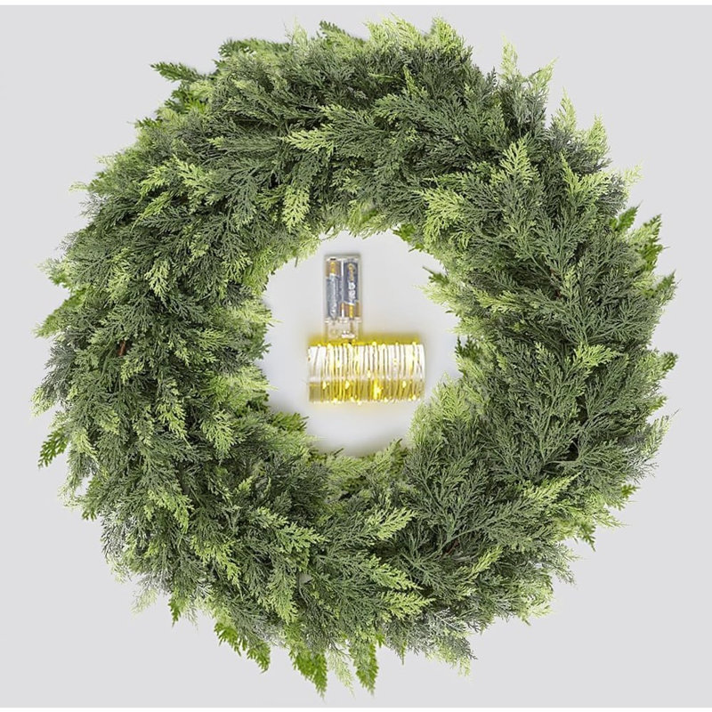 Guirlande de cèdre pré-illuminée au toucher réaliste, verdure artificielle luxuriante pour la décoration de foyer, d'escalier et d'extérieur à Noël