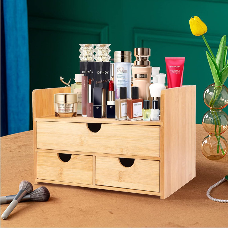 Organisateur de maquillage en bambou avec 3 tiroirs - grands et petits tiroirs pour les cosmétiques, les soins de la peau et les fournitures de bureau - Fabrication en bambou naturel durable avec finition lisse