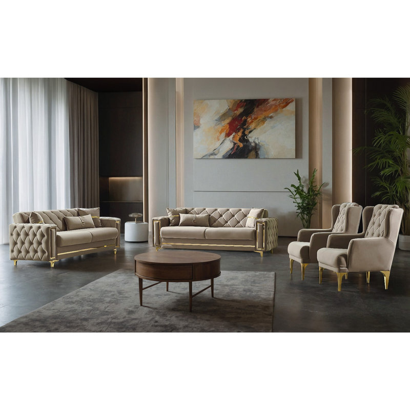 Ensemble de salon en velours 4 pièces Jadius, Beige, Or