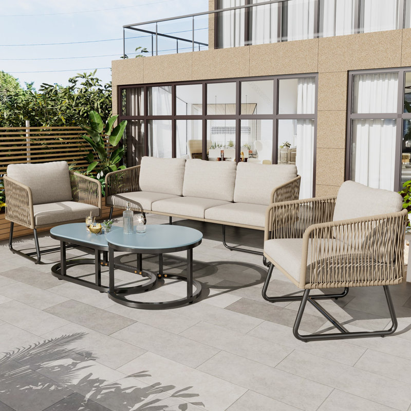 Azden Outdoor Conversation Sets Handwoven Rope Weaving Furniture Set For 5 People With Galvanised Iron Frame, Beige