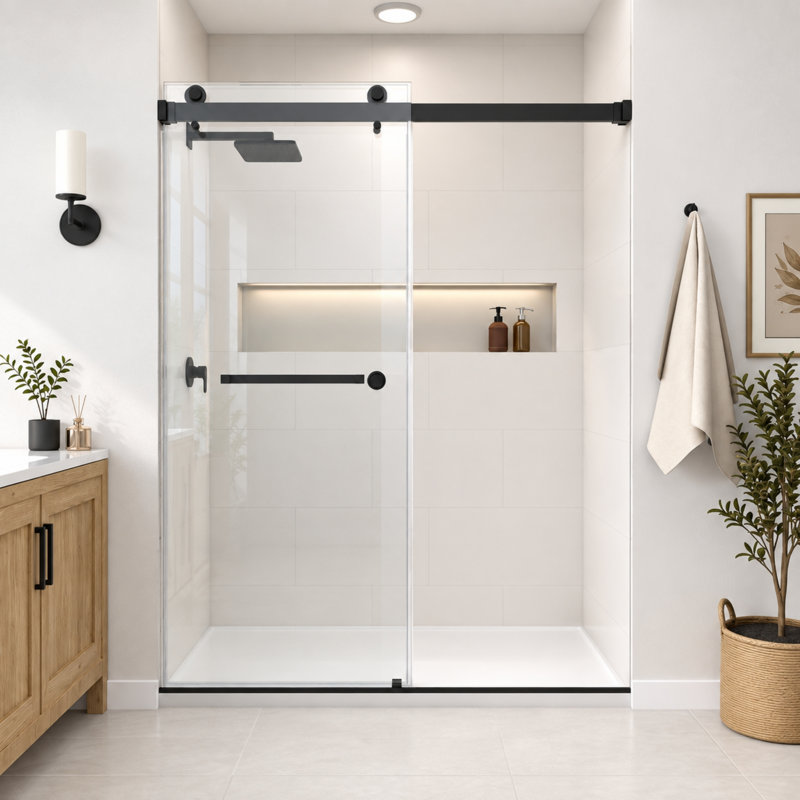 Porte de douche coulissante double sans cadre CatalystFP 44'-49'' L x 76'' H, noir mat, verre clair 3/8"., Noir mat