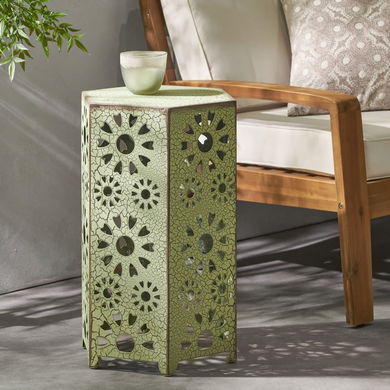 Table d'appoint de 14 pouces avec motif découpé Sunburst, finition vert craquelé pour un décor moderne et élégant, Vert