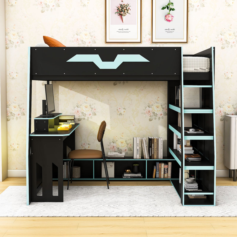 Lit mezzanine double en bois avec bureau, tablettes et lumière RVB contrôlée par l'application, Bleu nuage
