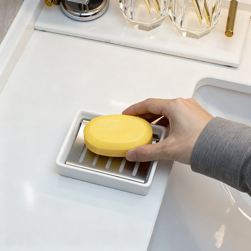 Porte-savon en céramique blanche avec support de drainage en acier inoxydable, 1 pièce (blanc)