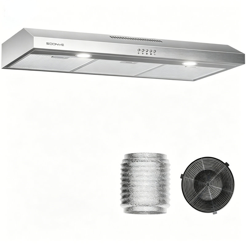 Ventilateur d'extrémité sous hotte de 30 pouces, 250 CFM avec contrôle à 3 vitesses, noir mat, filtre en aluminium réutilisable à 5 couches, convertible à conduit / sans conduit, lumières DEL et filtres à charbon