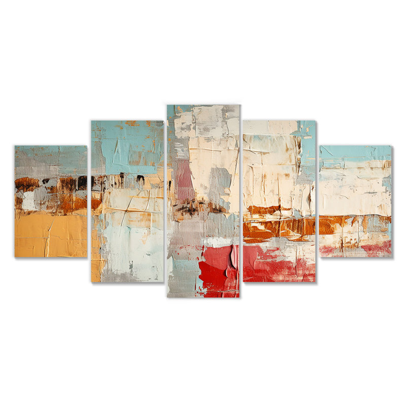 Nostalgie en bleu rouge orange - ensemble de 5 décorations murales abstraites, H 32 po x l 60 po
