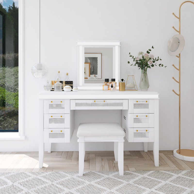 Coiffeuse de maquillage moderne moderne 48 "avec miroir et lumières et tabouret rembourré, Blanc