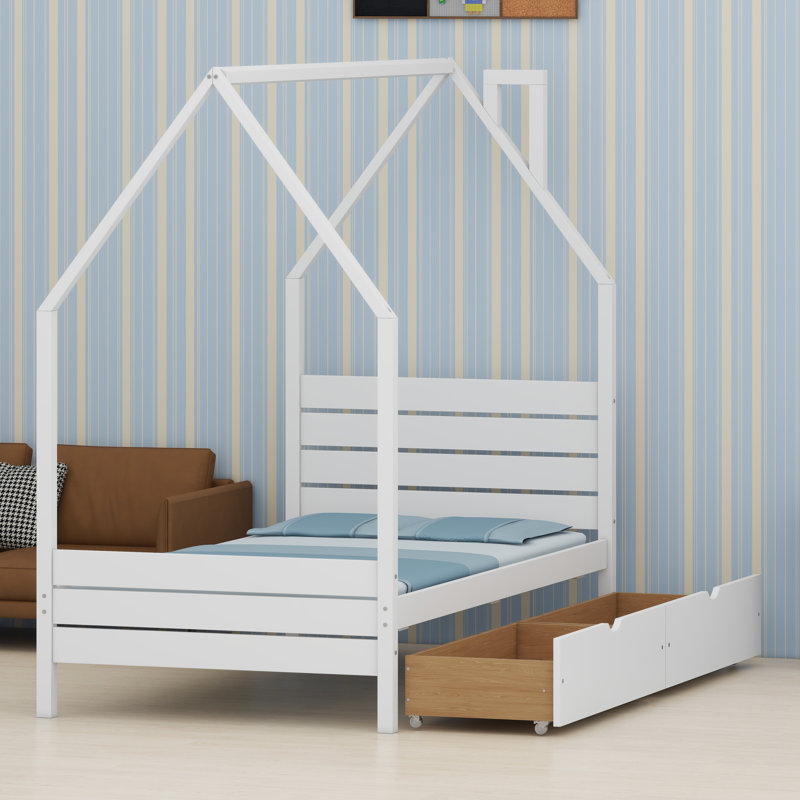 Structure de lit pour enfant avec tête de lit, tiroirs de rangement et installation facile Montessori, Twin, White
