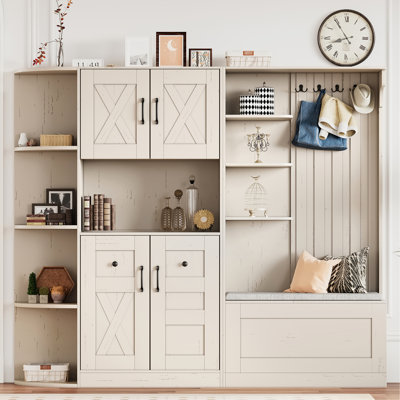 Left Hall Cabinet With Storage And 4 Hooks, 21 For Kitchen Living Room, Antique Beige, Smooth Easy To Clean Ample Storage, Different Scenes, Long Serv