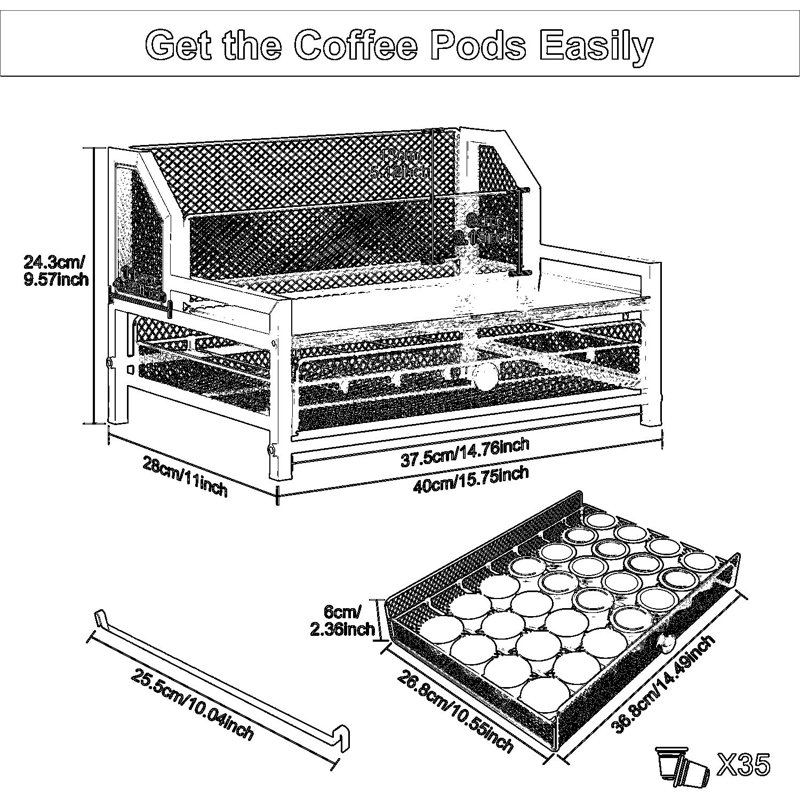 Organisateur de bar à café à 2 niveaux avec tiroir coulissant, pouvant contenir 8 bouteilles de sirop et 35 dosettes de café, support de comptoir compact pour cuisine ou café