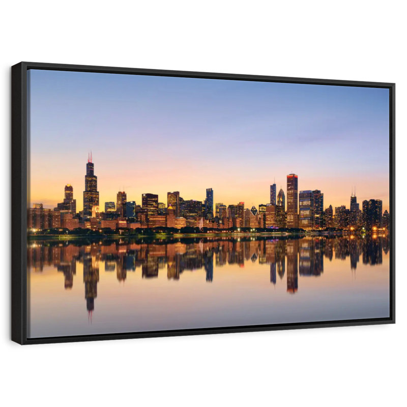 Chicago Skyline Reflection, Floating Frame Black, 43" X 29"