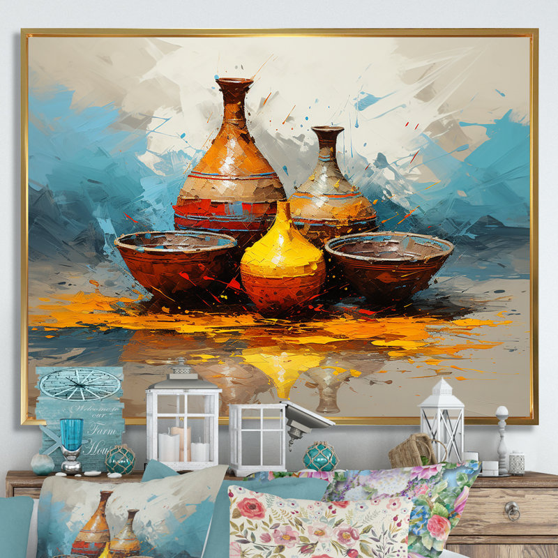 Jaune Boho Pottery Design - Boho Pottery, art mural, Cadre flottant doré, H 30 po x l 40 po x P 1,5 po