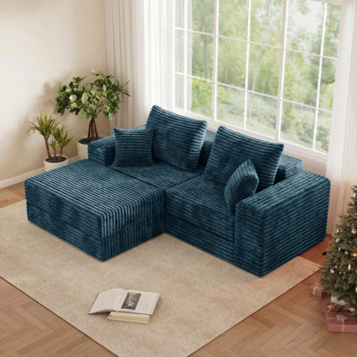 75'' L-Shaped Cloud Modular Sectional Compression Couch With Chaise, Modern Corduroy Deep Seat Fluffy Sleeper Sofa,Blue