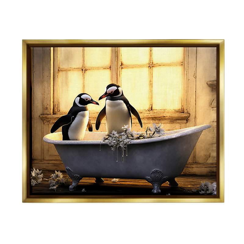 " Penguins In Sunlit Bath " by Lazar Studio, Metallic Gold Floater Frame, 17" H x 21" W