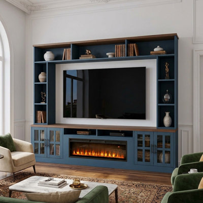 Meuble télé moderne de 243 cm de large avec foyer électrique et placards pour téléviseurs jusqu'à 203 cm de diagonale.