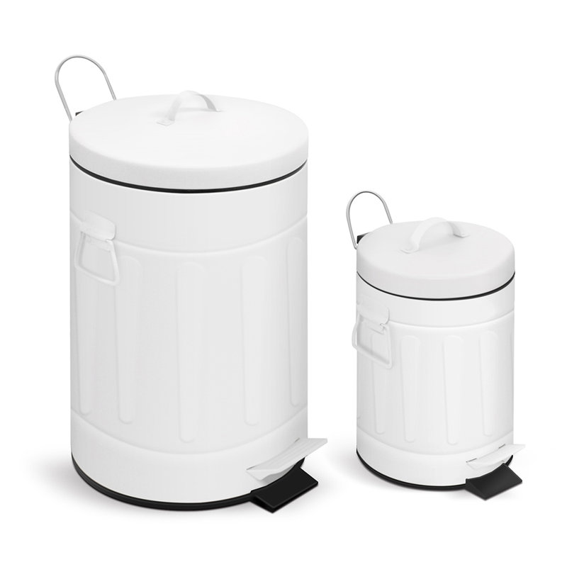 White and Black Fingerprint Resistant Metal Step-On Trash Can Set