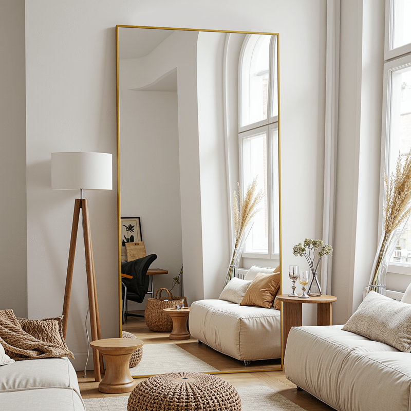 Oversized Aluminum Alloy Framed Rectangle Full Length Mirror with Stand Wall Mirror, Gold, 71" x 30"
