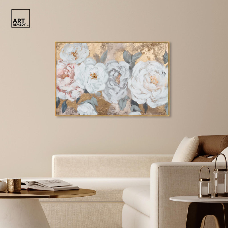 Art, art floral sur toile, H 3 po x l 55 po, Cadre flottant doré