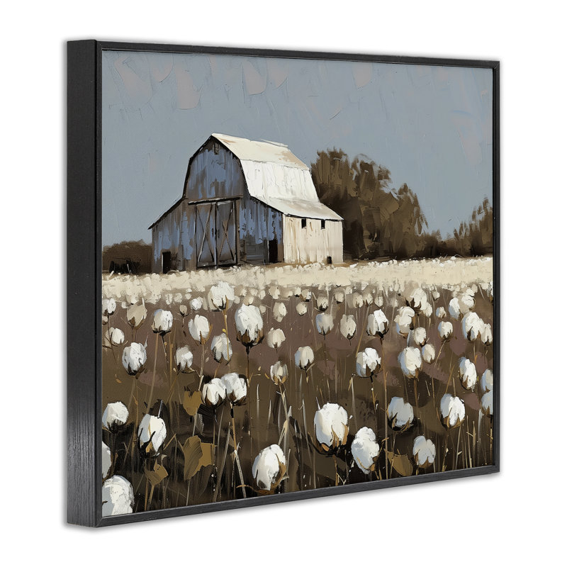 «Barn in Cotton Field», conception de giclée par Arlington Prints, H 11 po x l 14 po, Giclée encadrée noir minuit
