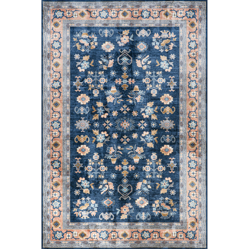 Grishilde Oriental Machine Woven Polyester Area Rug in Blue, Rectangle 3' x 5'