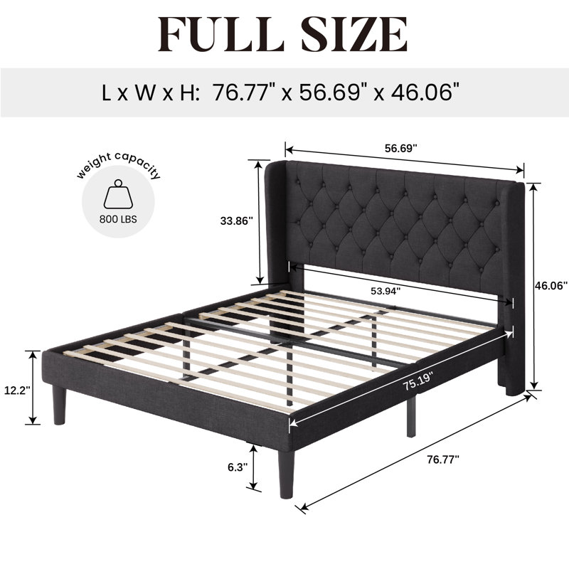 Walace Upholstered Wingback Bed, Full, Black