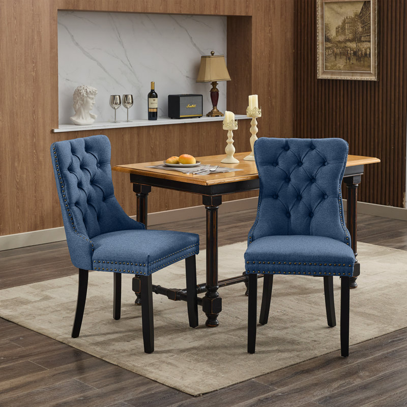 Chaises capitonnées Allena , Noir, Mélange de lin bleu, 2