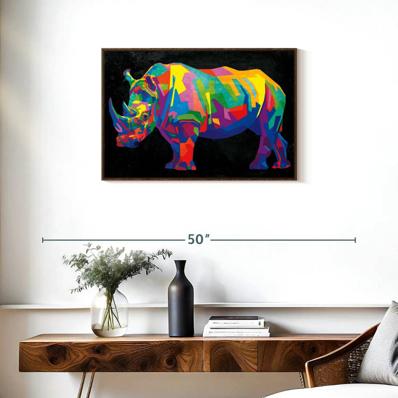 Rhinocéros couleur géométrique, Cadre flottant noyer, 31 po x 21 po
