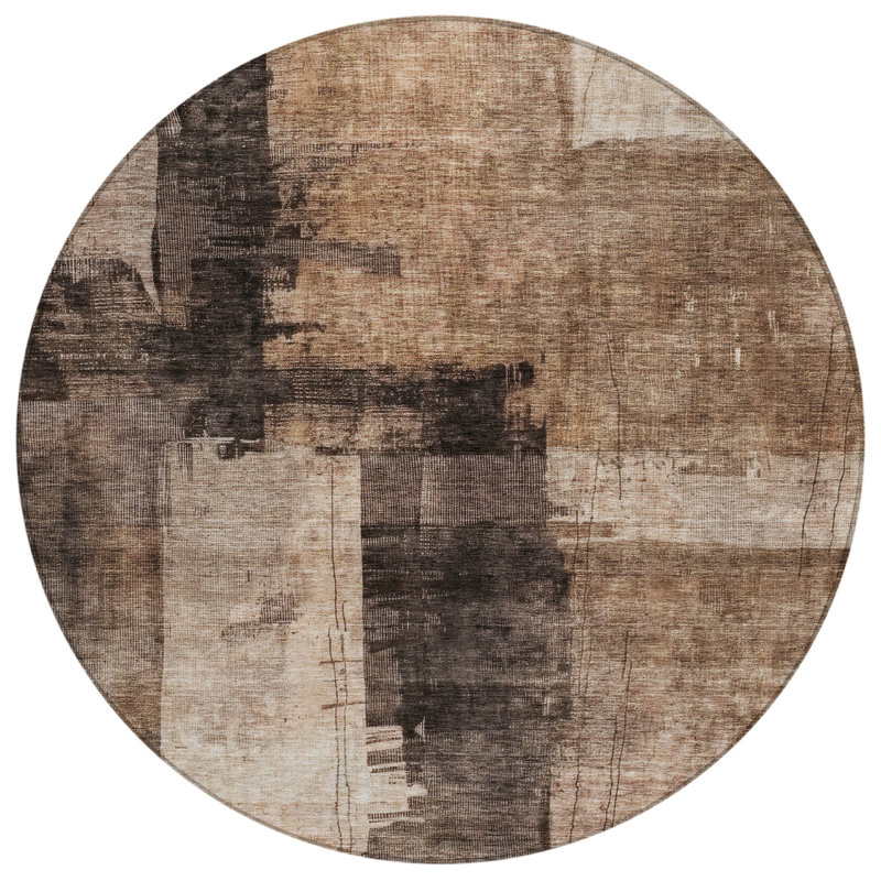 Tapis d'intérieur rond lavable abstrait brun et noir 8 pi