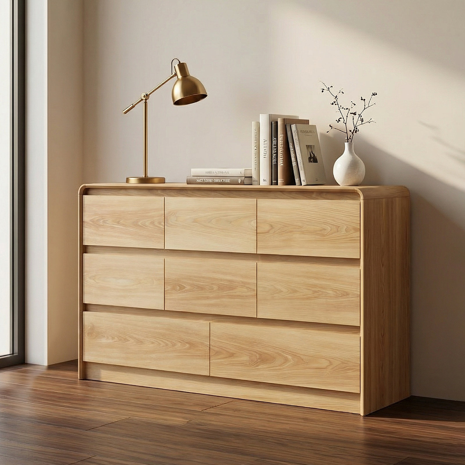 Ebern Designs Modern 8-Drawer Bedroom Dressing Table, 55-inch Wide Vanity Cabinet & Storage Unit, Curved Profile Design, Mid-Century Style Wooden Storage Dressing Cabinet, Suitable for Bedrooms & Living Rooms, Natural Oak Wood | Wayfair