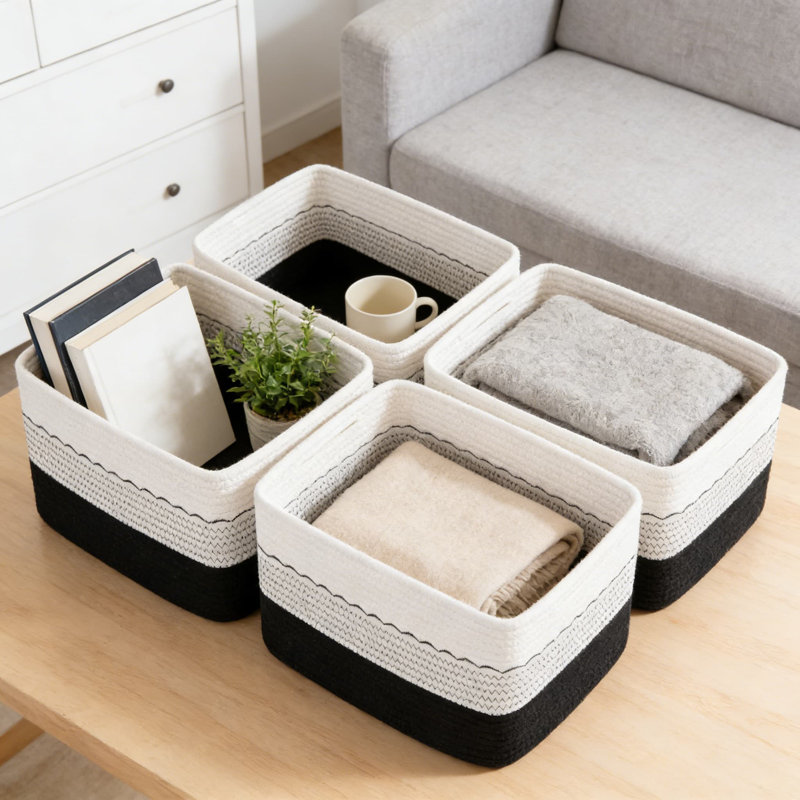 Woven Storage Baskets For Organizing, Decorative Cotton Rope Baskets For Shelves, Small Baskets For Toys, Books, Towels And Home Essentials