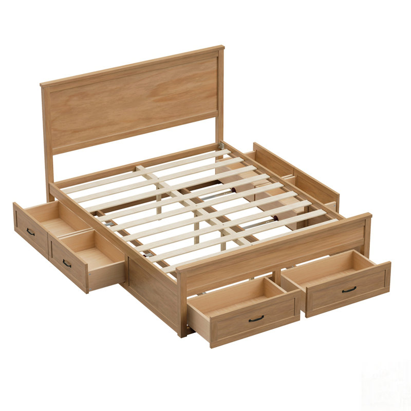 Structure de lit avec rangement moderne en bois avec 6 tiroirs, lit plateforme avec support en lattes de bois, aucun sommier requis