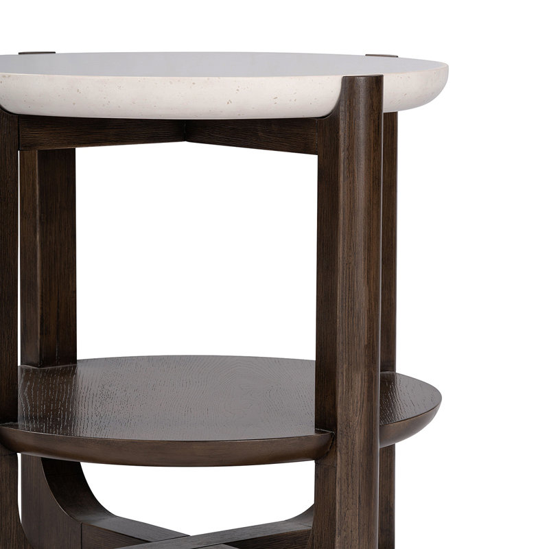 Table de bout de style transitionnel 1 pièce Table de bout en quartz avec base en tréteaux et finition noyer foncé