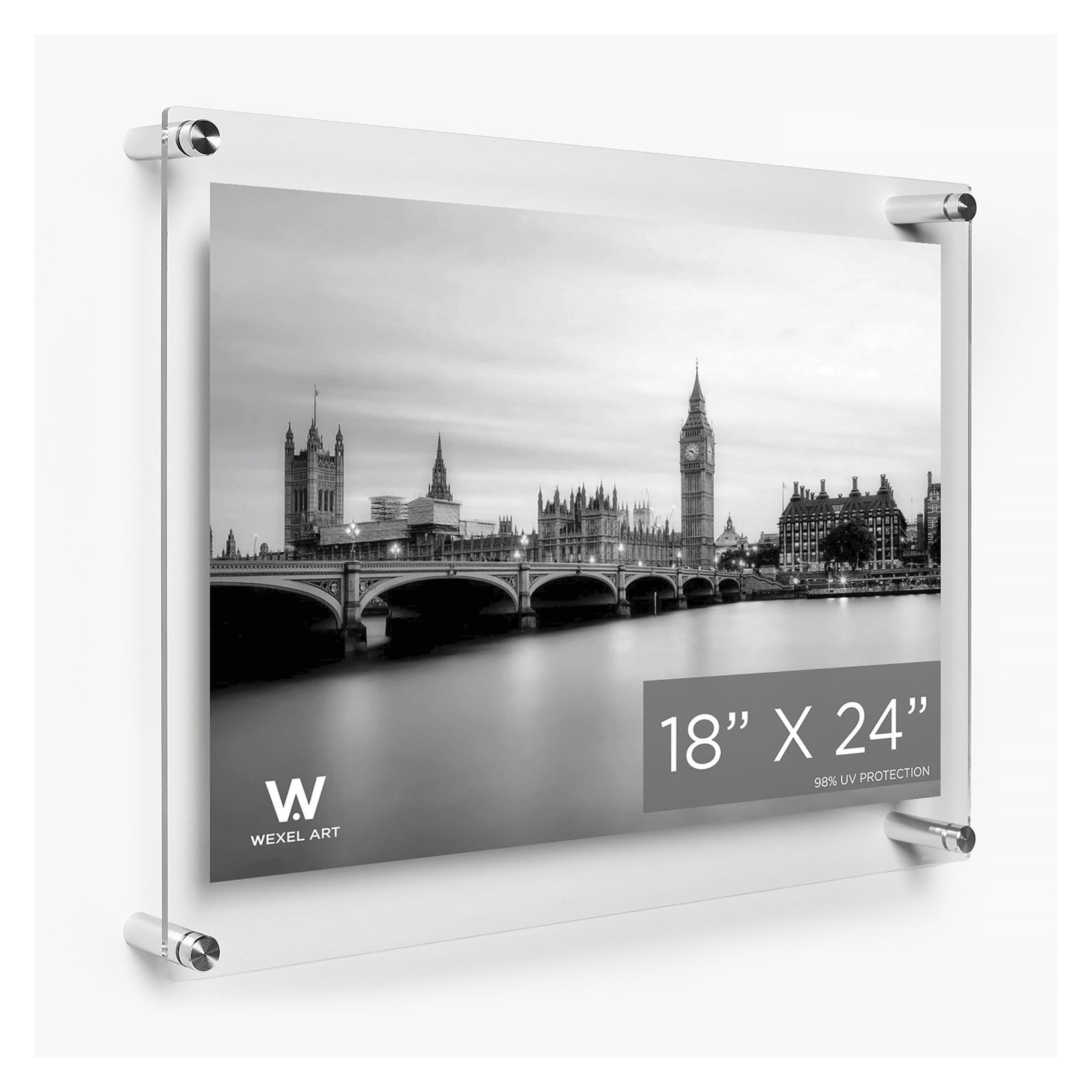 Clear UV-Grade Acrylic Modern Floating Picture Frame, 18" W x 24" H, Silver