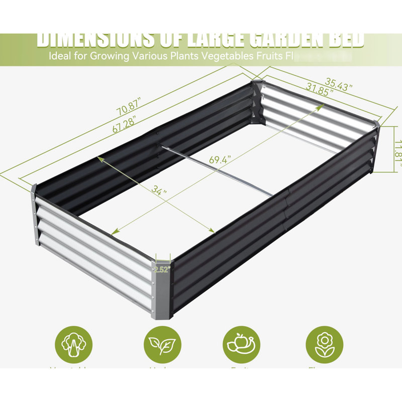 Lit de jardin surélevé galvanisé 6 x 3 x 1 pi, contenant de jardinage en métal. Intérieur spacieux pour les plantes. Acier, pluie et neige. Base ouverte, bon drainage. Fortement soutenu. Bord épaissi. Facile