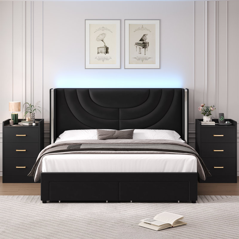 Ensemble de chambre à coucher 3 pièces, lit de rangement avec lumière DEL, 2 tables de chevet avec station de charge, Noir