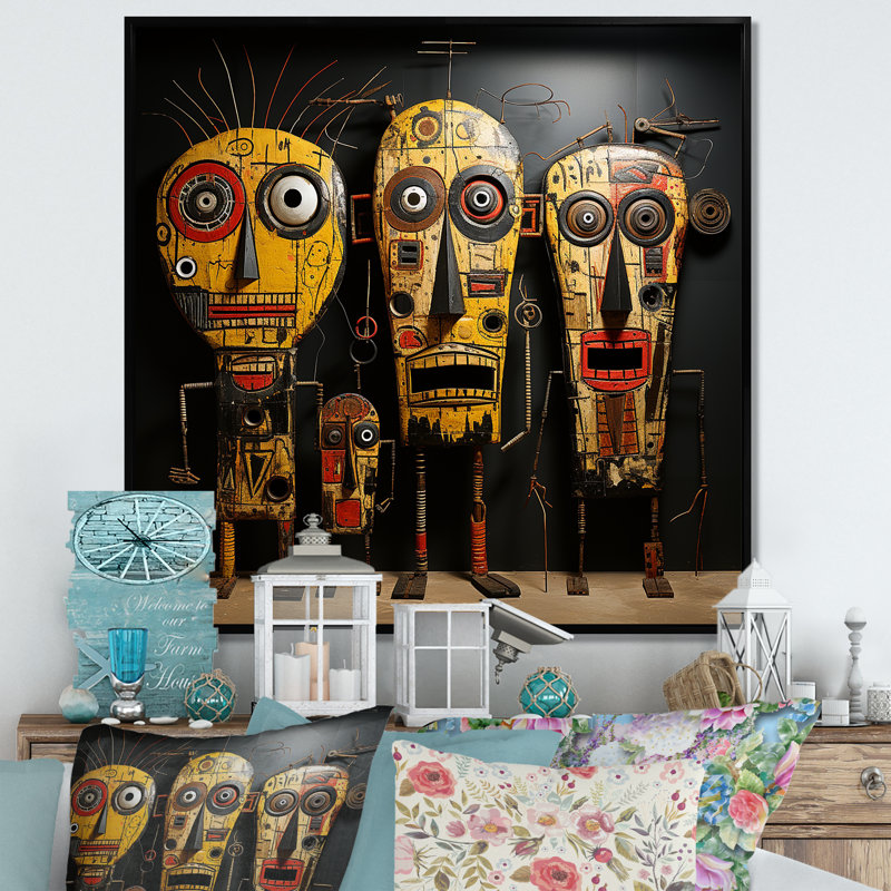 Tribal masque africain II - Masque africain, art mural, Cadre flottant noir, H 36 po x l 36 po x P 1,5 po